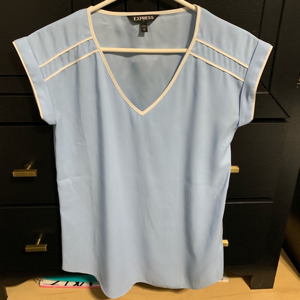 Express Light Blue Top with White Piping Detail
